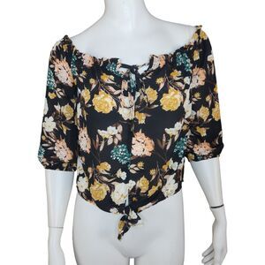 Rue 21 Women X-Large Blouse Off-The Shoulder Keyhole Neckline 3/4 Sleeves Floral